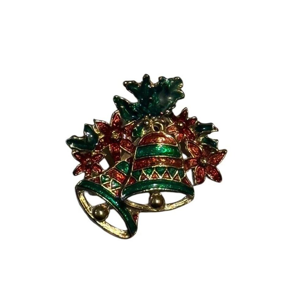 Christmas Brooch Pin Bells Poinsettia Holiday Red Green Jewelry New Years Party‎